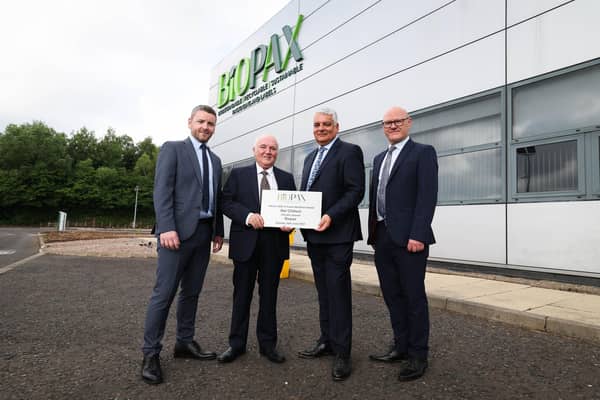Biopax to invest £47m in West Belfast with revolutionary green packaging business, creating 169 jobs. Pictured are Liam O’Connor Biopax, Dr Terry Cross OBE, Mel Chittock, interim CEO of Invest NI and  Paul Maskey MP at Biopax