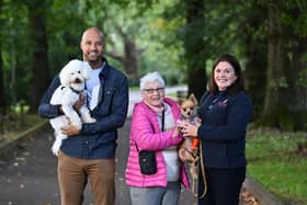 Pictured with Q Radio’s Ibe Sesay at the announcement that he has been appointed as an ambassador of Rosie’s Trust are his dog Barney, charity beneficiary Janet Harris and her dog Rilla, Operations Manager, Jayne McStay and Callie the dog