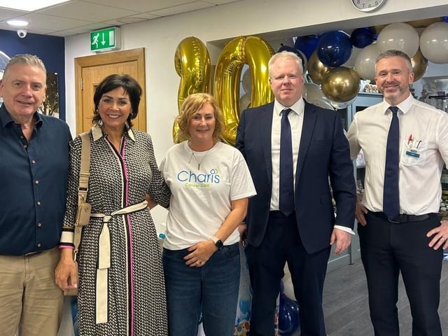 Pictured from left are Eugene and Fiona Carson, Kathryn Allen and John and Niall O’Brien. The Carson’s opened the pharmacy in autumn 1996, the O’Briens purchased the pharmacy in 2006.