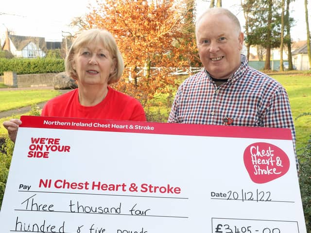 Cookstown man Baylon McCaughey presents a cheque for £3,405 to Valerie Saunders, Area Representative for Northern Ireland Chest Heart and Stroke.