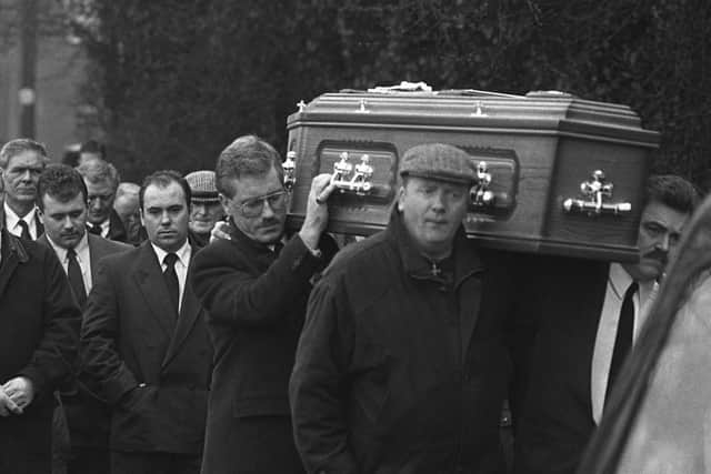 The funeral of Sean McParland in Lambeg, near Lisburn, in February 1994. Mr McParland a 55-year-old innocent Catholic, was shot dead as he carried out babysitting duties at his grandchildren’s home on Skegoniel Avenue in north Belfast.