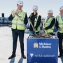 ‘Topping out’ ceremony marks major progress of new Vita Student residence. Pictured are Alex Kelly, acquisitions director, Vita Group, Mark Dawson, executive director, Vita Group, Seamus McAleer, founder and chairman, MRP and Eamonn Laverty, group chief executive, MRP