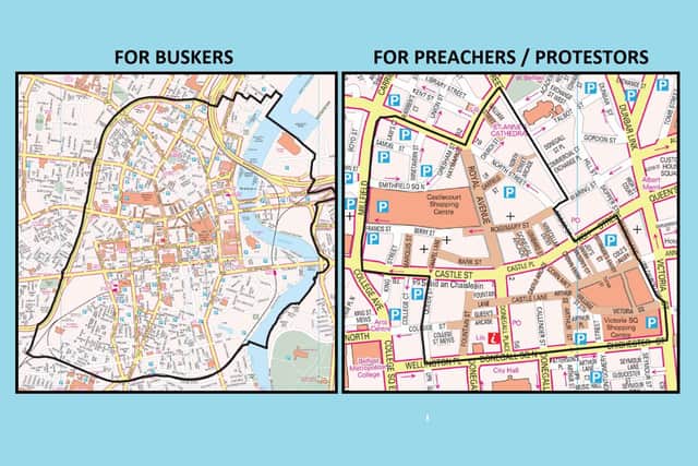 The areas the permits will apply to for buskers and entertainers (the "city centre"), and then for preachers / protestors (the "Primary Retail Core")