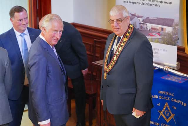 ​King Charles – then the Prince of Wales – with Sovereign Grand Master Rev William Anderson at the institution’s headquarters in May 2019