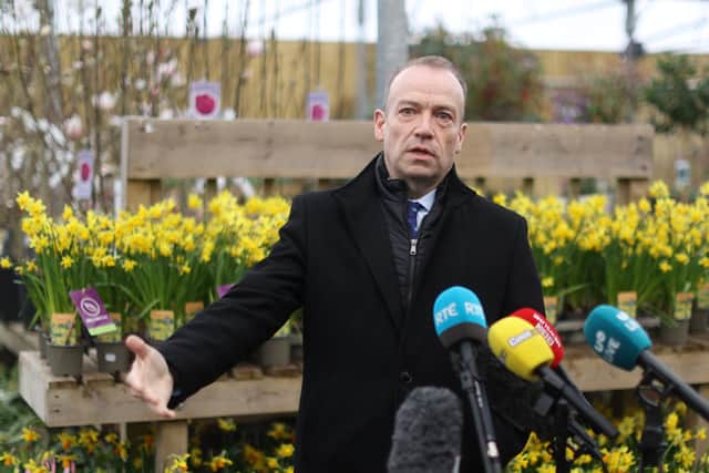 Northern Ireland Secretary Chris Heaton-Harris speaks to the media during a press conference at Hillmount Garden Centre. Pic: Liam McBurney/PA