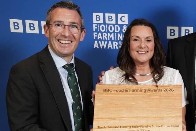 Food and Farm minister Andrew Muir pictured with Bronagh O’Kane of Drumard Farm, Cookstown, the local winner in the BBC Food and Farming Awards