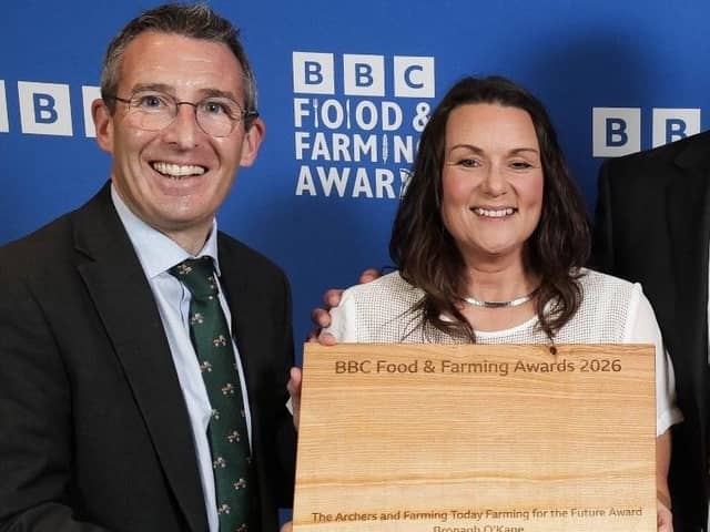 Food and Farm minister Andrew Muir pictured with Bronagh O’Kane of Drumard Farm, Cookstown, the local winner in the BBC Food and Farming Awards