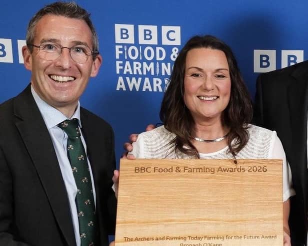 Food and Farm minister Andrew Muir pictured with Bronagh O’Kane of Drumard Farm, Cookstown, the local winner in the BBC Food and Farming Awards