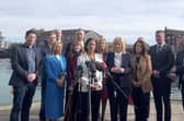 Sinn Fein President Mary Lou McDonald and vice-president Michelle O'Neill speak to the media, ahead of the second day of the party's Ard Fheis (annual conference), outside the International Convention & Exhibition Centre in Belfast