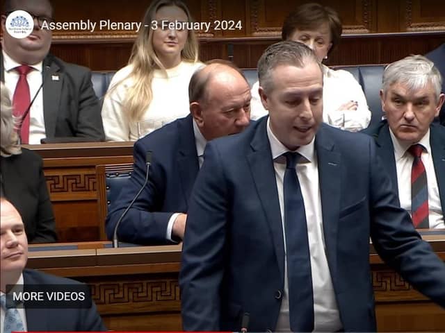 Paul Givan DUP MLA attacks Jim Allister in the assembly as it was reconvened on Saturday February 3 2024. A number of his party colleagues smiled during the withering assault on Mr Allister for being an "angry man" and a "political failure"