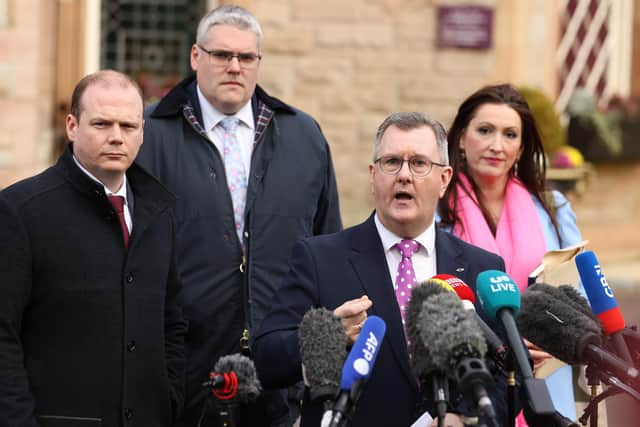 (Left to right) Gordon Lyons MLA, Gavin Robinson MP, Sir Jeffrey Donaldson MP and Emma Little-Pengelly MLA speak to the media outside the Culloden Hotel after meeting the prime minister Rishi Sunak, on February 17. We now need some honesty from the party. If it is moving away from its ‘seven tests’ it should explain that decision to its voters
