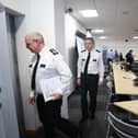 Police Service of Northern Ireland (PSNI) Chief Constable Simon Byrne (left) and Assistant Chief Constable Chris Todd leave after a press conference following an emergency meeting of the Northern Ireland Policing Board at James House in Belfast, following a data breach. Photo: Liam McBurney/PA Wire