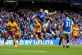 Rangers' Cyriel Dessers shoots towards goal in the Premiership home win over Motherwell. (Photo by Andrew Milligan/PA Wire)