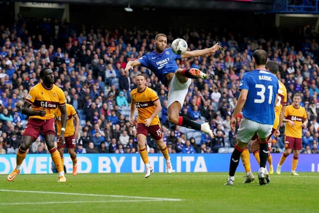 Rangers' Cyriel Dessers shoots towards goal in the Premiership home win over Motherwell. (Photo by Andrew Milligan/PA Wire)