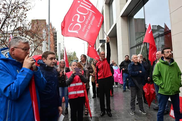 Unions protest outside NIO headquarters at Erskine House in Belfast over pay. Pic: Colm Lenaghan/Pacemaker