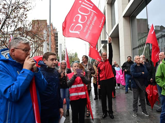 Unions protest outside NIO headquarters at Erskine House in Belfast over pay. Pic: Colm Lenaghan/Pacemaker