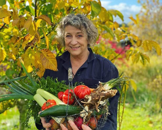 Actor and gardener Caroline Quentin with a harvest of her home-grown veg.