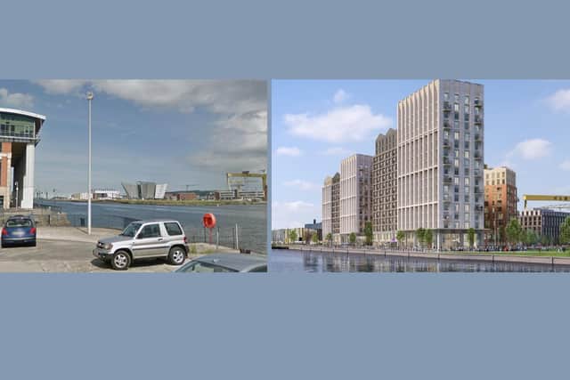 An image of the Titanic Centre as seen now from the dockside in Sailortown, north Belfast (left), next to a closer-up image of the new development