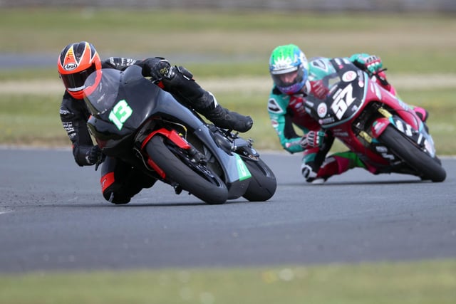Cookstown's Gary McCoy (Madbros Kawasaki) leads Korie McGreevy (McAdoo Kawasaki) in the Supertwins race at the Enkalon Trophy meeting at Bishopscourt.