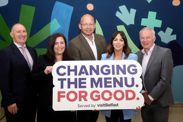 The sustainable tourism-focused “Changing the Menu. For Good” project will enlist venues, caterers and event organisers to directly raise funds for local food banks, including The People’s Kitchen. Pictured are Gerry Lennon, chief executive of Visit Belfast, Eimear Kearney, head of sales and marketing at Titanic Belfast, Andrew Dougan, director at Hospitality Belfast/ Yellow Door, Rachael McGuickin, director of business development, sustainability and transformational change Visit Belfast and John Walsh, chief executive of Belfast City Council.