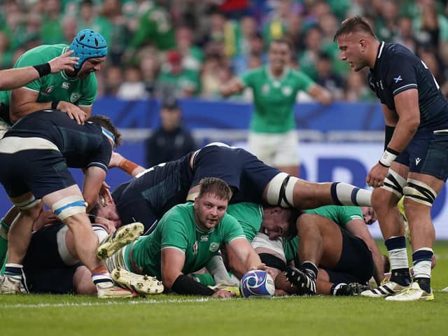 Ireland's Iain Henderson scores a try during the Rugby World Cup Pool B match at Stade de France in Paris against Scotland. (Photo by Andrew Matthews/PA Wire).
