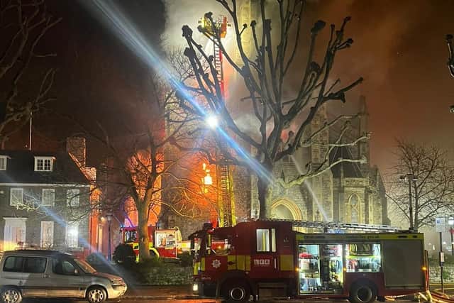 Firefighters tackling the blaze at St Mark's Church in Hamilton Terrace, St John's Wood, London