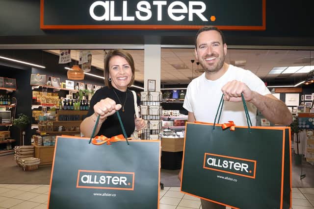 Belfast International Airport and local retailer Allster have brought over 300 artisan, food producers and other manufacturers to over six million passengers who travel through the airport each year. The popular retail outlet offers a range of home grown, authentic Ulster products from locally made crafts and jewellery to artisanal food and drink, that highlights Northern Ireland’s unique culture and creativity. Pictured are Jacqueline O’Neill, BIA commercial manager and Eddie Holmes from Allster celebrate the success of local Ulster products available for travellers