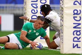 Ireland's Johnny Sexton scores a try during the Rugby World Cup Pool B match at the Stade de Bordeaux against Romania. (Photo by David Davies/PA Wire).
