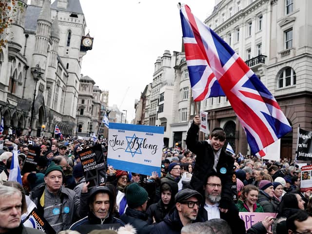 People taking part in a march against antisemitism in London on Sunday. The event gave ordinary people the chance to show their sympathy for their Jewish neighbours over the Hamas terror attacks on October 7