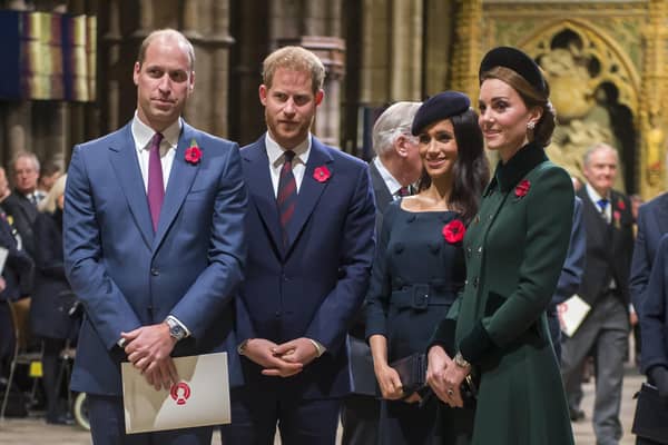 File photo dated 11/11/18 of the Duke and Duchess of Cambridge (now the Prince and Princess of Wales) and the Duke and Duchess of Sussex attending a National Service to mark the centenary of the Armistice at Westminster Abbey, London. The Duchess of Sussex has appeared to suggest it was "jarring" to the Prince and Princess of Wales that she hugged them when they first met. Speaking in their Netflix docuseries, "Harry and Meghan", she said she found the "formality" of the royal family "surprising".