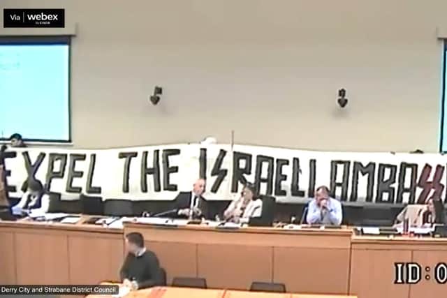 The banner in the council chamber