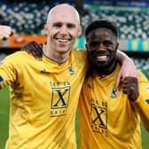 Dungannon Swifts goalscorers Dean Curry and Gael Bigirimana celebrate after beating Linfield at Windsor Park. PIC: INPHO/Brian Little