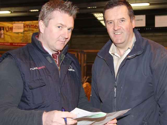 Barry Chambers, Portadown, and Robin Boyd, Portglenone, keep an eye on trade at the NI Simmental Club's show and sale, Dungannon. Picture: Julie Hazelton
