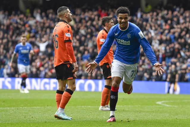 Malik Tillman celebrates after making it 2-0 during a cinch Premiership match between Rangers and Dundee United