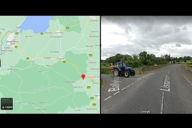 The crash location on a map of Co Londonderry, and a snapshot of the road