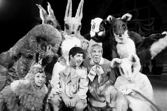 Legendary Scottish entertainers Jack Milroy and Rikki Fulton with some of the woodland creature characters from Babes in the Wood, the 1980 Christmas pantomime