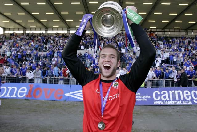Alan Mannus celebrates winning the 2007/08 Irish League title with Linfield. PIC: Presseye