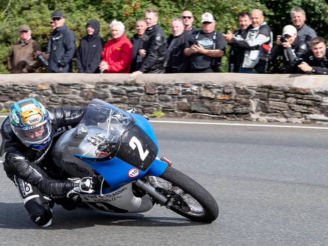 Dean Harrison at the Gooseneck on the Craven Racing Manx Norton on his way to victory in the Carole Nash Classic Senior race at the Manx Grand Prix on Saturday