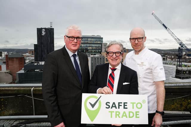 Raymond Duncan, compliance, operations & procurement manager of Hastings Hotels, James McGinn, managing director and Damian Tumilty, executive head chef of Grand Central Hotel and Europa Hotel are pictured as the leading hotel group announces it has achieved ‘Safe to Trade’ approval, an accreditation recognising best practice in food safety