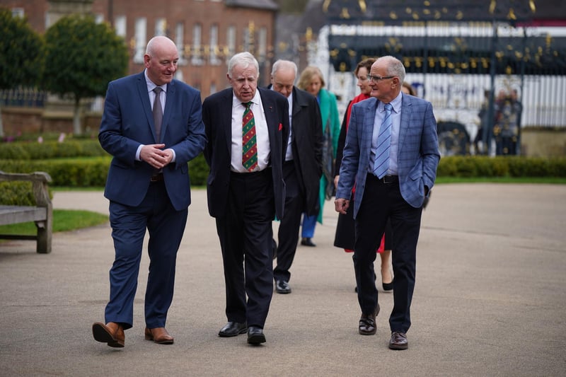 (left to right) Mark Durkan, Paul Murphy and Martin McAleese arrive at a Gala dinner to recognise Mo Mowlam's contribution to the peace process and to mark the 25th anniversary of the Good Friday Agreement at Hillsborough Castle in Northern Ireland. Picture date: Sunday April 16, 2023.