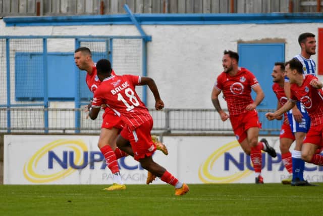 Caolan Loughran of Loughgall scores the opening goal during their Sports Direct Premiership win against Newry City at Newry Showgrounds, Newry. PIC: Andrew McCarroll/ Pacemaker Press