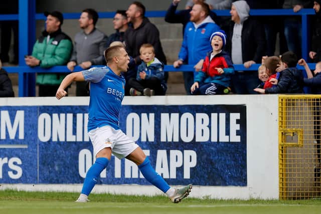 Glenavon's Jack Malone celebrates after scoring the winning goal in their 2-1 triumph over Carrick Rangers. PIC: Alan Weir/Pacemaker Press