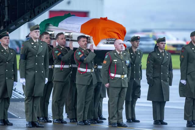 The body of Irish UN peacekeeping soldier Sean Rooney arriving at Casement Aerodrome, Baldonnel, on the outskirts of Dublin  after being repatriated from Lebanon.