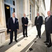 The Ulster Unionist leader Doug Beattie, second from right, stood with Sir Jeffrey Donaldson (DUP), Billy Hutchinson (Progressive Unionist Party), and Jim Allister (TUV) at Stormont in a 2021 Ulster Day joint unionist pledge against the NI Protocol. Now he sees ‘opportunities’ in the Windsor Framework, but there is none in an entrenched Irish Sea border. Photo by Kelvin Boyes / Press Eye