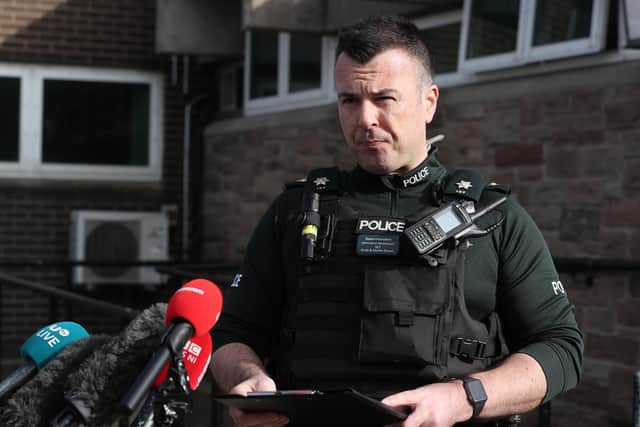 Police Service of Northern Ireland (PSNI)Superintendent Johnston McDowell speaks to the media outside Newtownards PSNI station in Co Down, after a series of attacks on properties in the county.