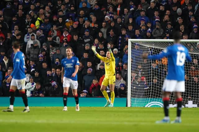 Rangers players look dejected after Aris Limassol's Shavy Babicka scored his side's opening goal at Ibrox to give the visitors a shock lead