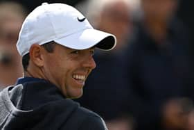 Northern Ireland's Rory McIlroy reacts after driving from the 1st tee during a practice round for 151st British Open Golf Championship at Royal Liverpool Golf Course in Hoylake, north west England on July 17, 2023. The Royal Liverpool Golf Course will host The 151st Open from July 20 to 23, 2023. Photo by PAUL ELLIS/AFP via Getty Images