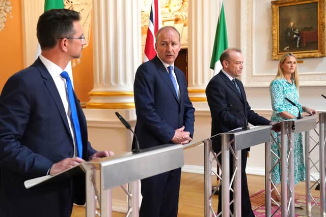 Left to right: Northern Ireland minister Steve Baker, Tanaiste and foreign affairs minister Micheal Martin, NI Secretary Chris Heaton-Harris and ROI Minister for Justice Helen McEntee during a press conference in London, after the British Irish Intergovernmental Conference.
