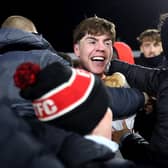 Northern Ireland U21 international Conor Haughey celebrates after scoring Fleetwood Town's winning penalty against Arsenal. (Photo by Carl Recine/Getty Images)