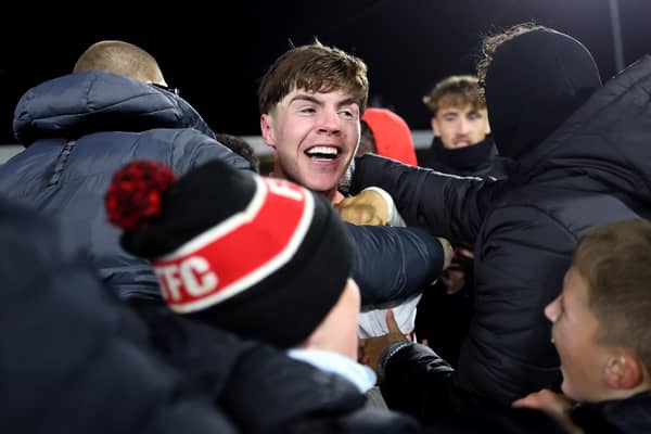 Northern Ireland U21 international Conor Haughey celebrates after scoring Fleetwood Town's winning penalty against Arsenal. (Photo by Carl Recine/Getty Images)